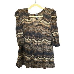 Cocamo Chevron Print Puff Shoulder Top Women’s Size Large Brown Black Gold
